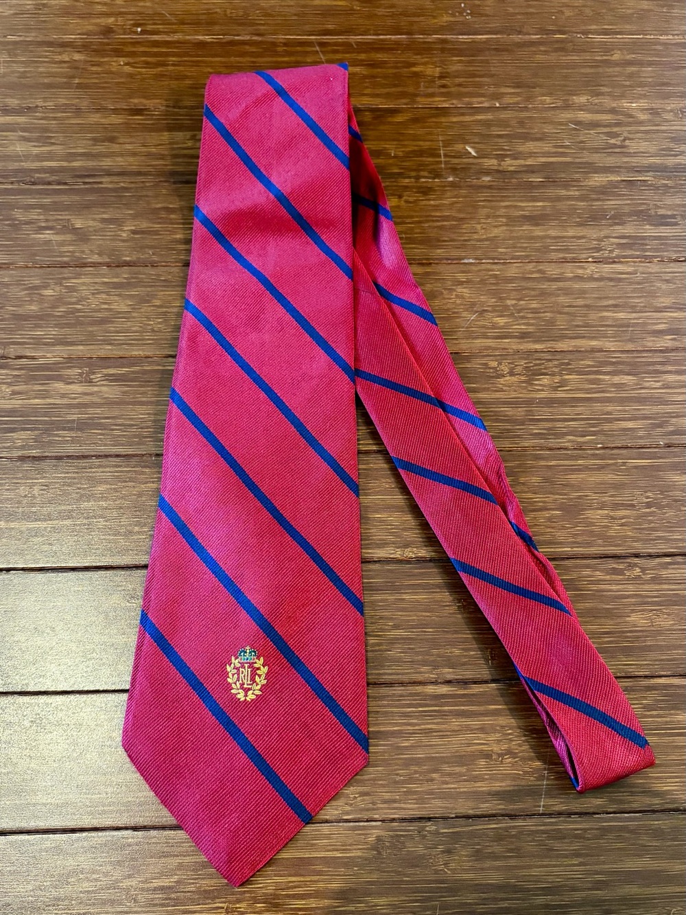 Men's Red Striped Crest Tie by Polo Ralph Lauren Red Navy Blue Stripe Silk